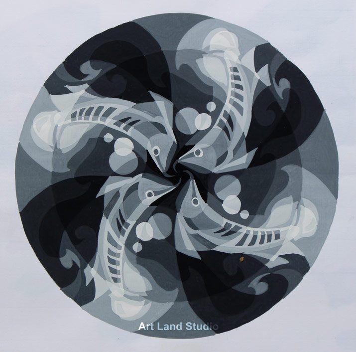 Hình-vẽ-Trang-trí-màu-hình-tròn-trắng-đen-họa-tiết-con-cá-rồng - Mỹ Thuật  Art Land