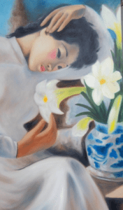 tranh thiếu nữ bên hoa huệ
